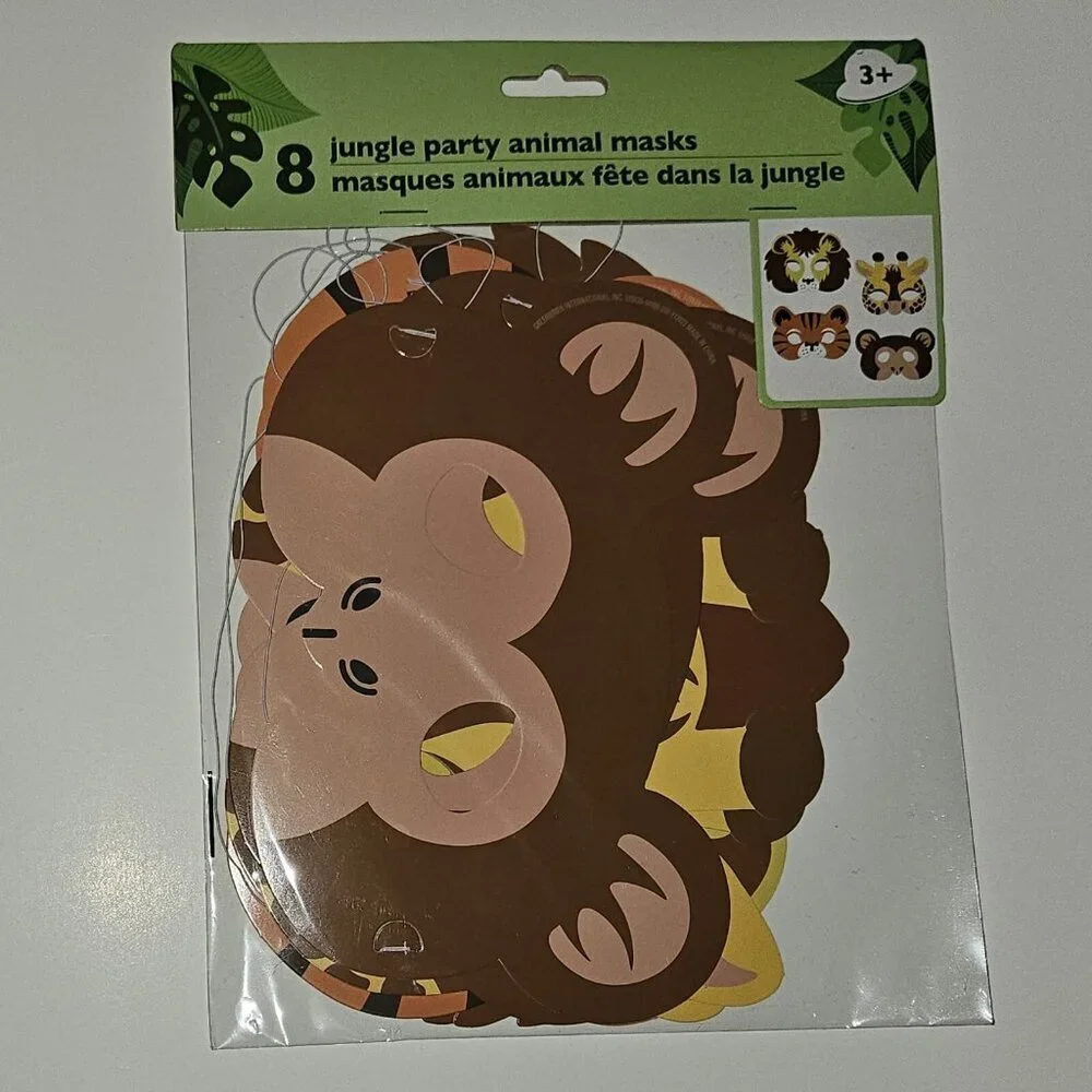 NEW 4 Pk Jungle Animal Paper Masks Lot Birthday Party Monkey Tiger Giraffe Lion
